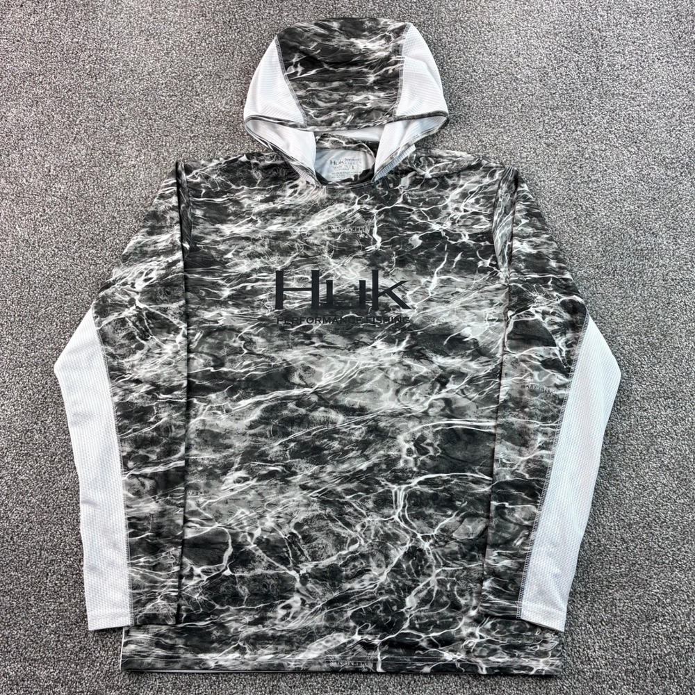 Huk Performance Fishing Hoodie Mens L Grey Water Camo Mesh Sun Shirt